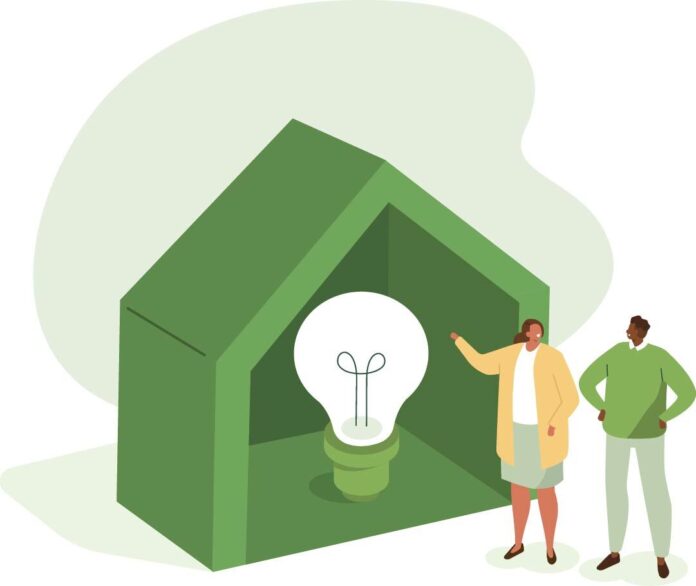 lightbulb house graphic two people one point building a better community manufactured housing