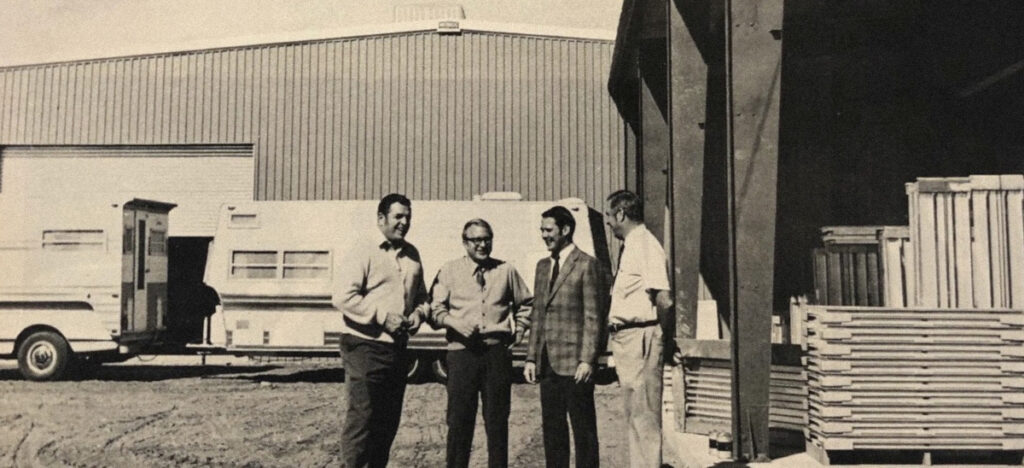 executives plant yard talk black and white photo vintage cavco manufactured housing