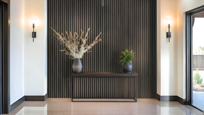 textured wall vertical accent brown woodsy lighted space plants